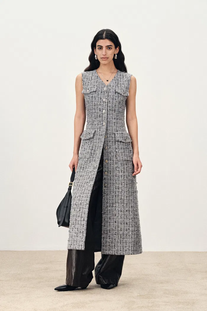 Cherbourg Sleeveless Tweed Midi Dress in French BouclÃ© with Metallic Threads