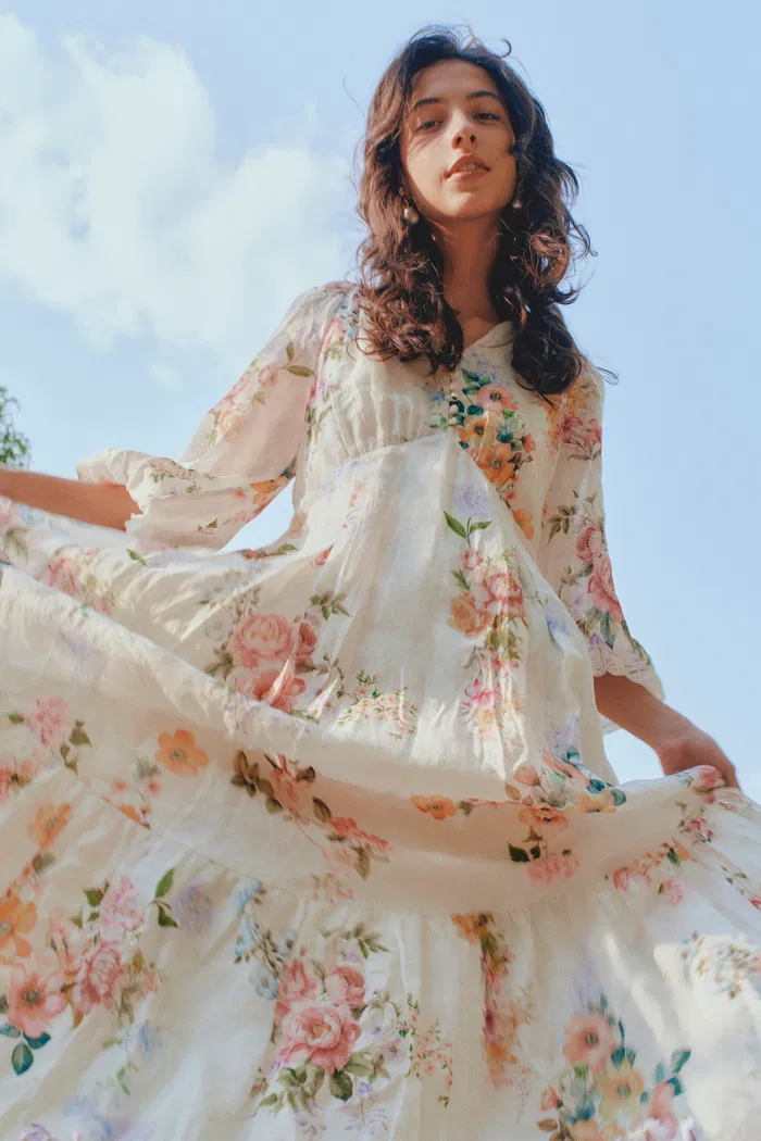 Whitney Watercolor Flora Long Sleeve Dress in Tencel-Ramie