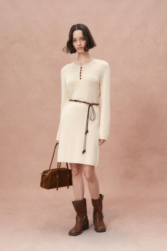 Mira Heavy Shell Hem Long Sleeve Short Dress in Pearl Fiber Blend