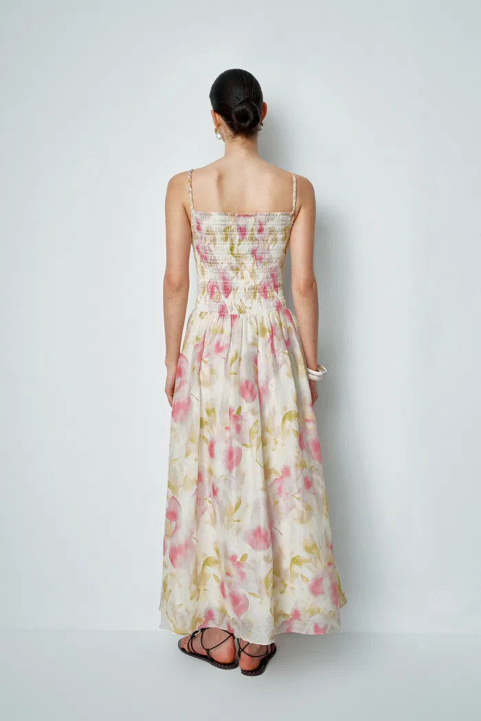 Kari Hand Woven Strap Shirred Dress in Silk-Linen Blend