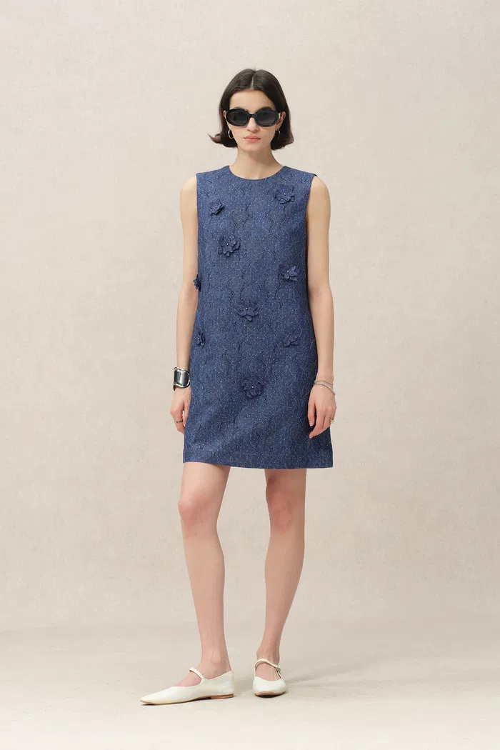 Lila Textured Sleeveless Short Dress in Imported Korean Metallic Lace