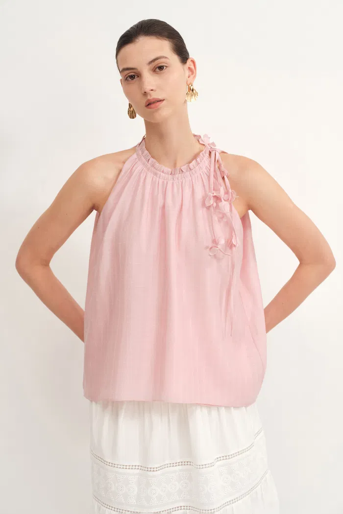 Joyce Hand Woven Flora Halter Neck Top in Acetate-Linen Blend