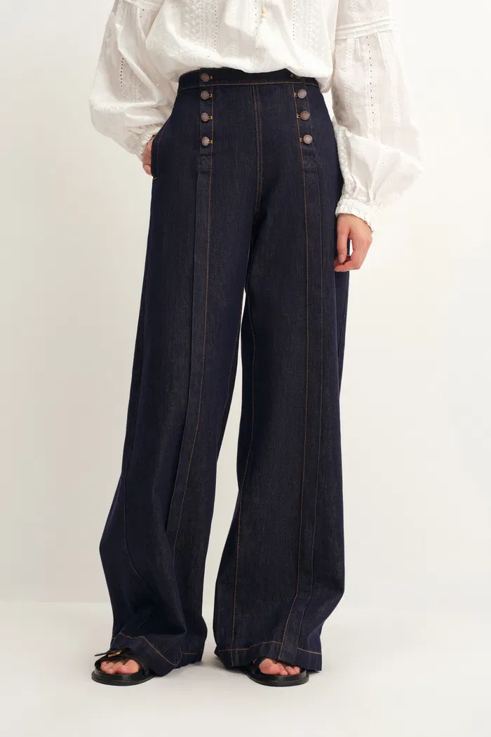 Margot Hand Sewn Double Breasted Buttons Baggy Jeans in Cotton Denim