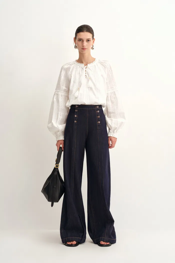 Margot Hand Sewn Double Breasted Buttons Baggy Jeans in Cotton Denim