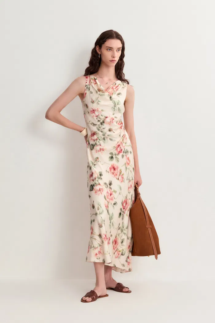 Juliet Flora Cowl Neck Sleeveless Dress in Mulberry Silk