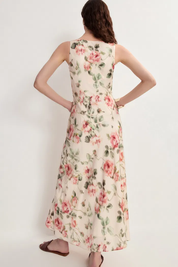 Juliet Flora Cowl Neck Sleeveless Dress in Mulberry Silk