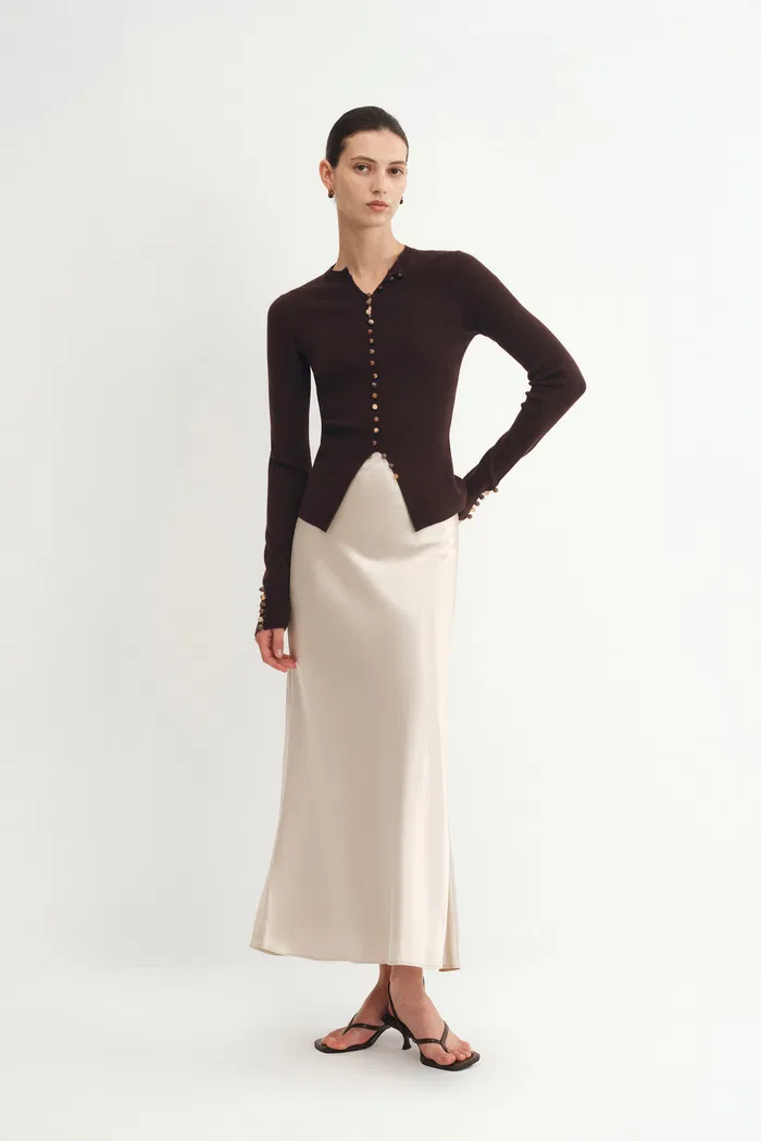 Kaia Hand Sewn Buttons Fitted Cardigan in Merino Wool Knit