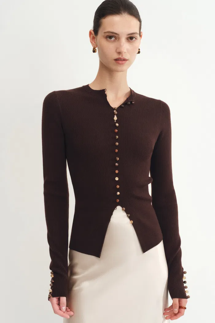 Kaia Hand Sewn Buttons Fitted Cardigan in Merino Wool Knit