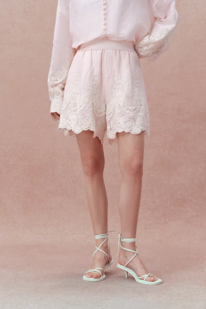 Paz Pink Embroidered Shorts in Silk-Linen Blend
