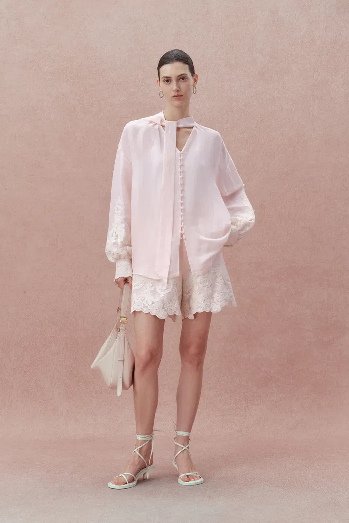 Paz Pink Embroidered Shorts in Silk-Linen Blend