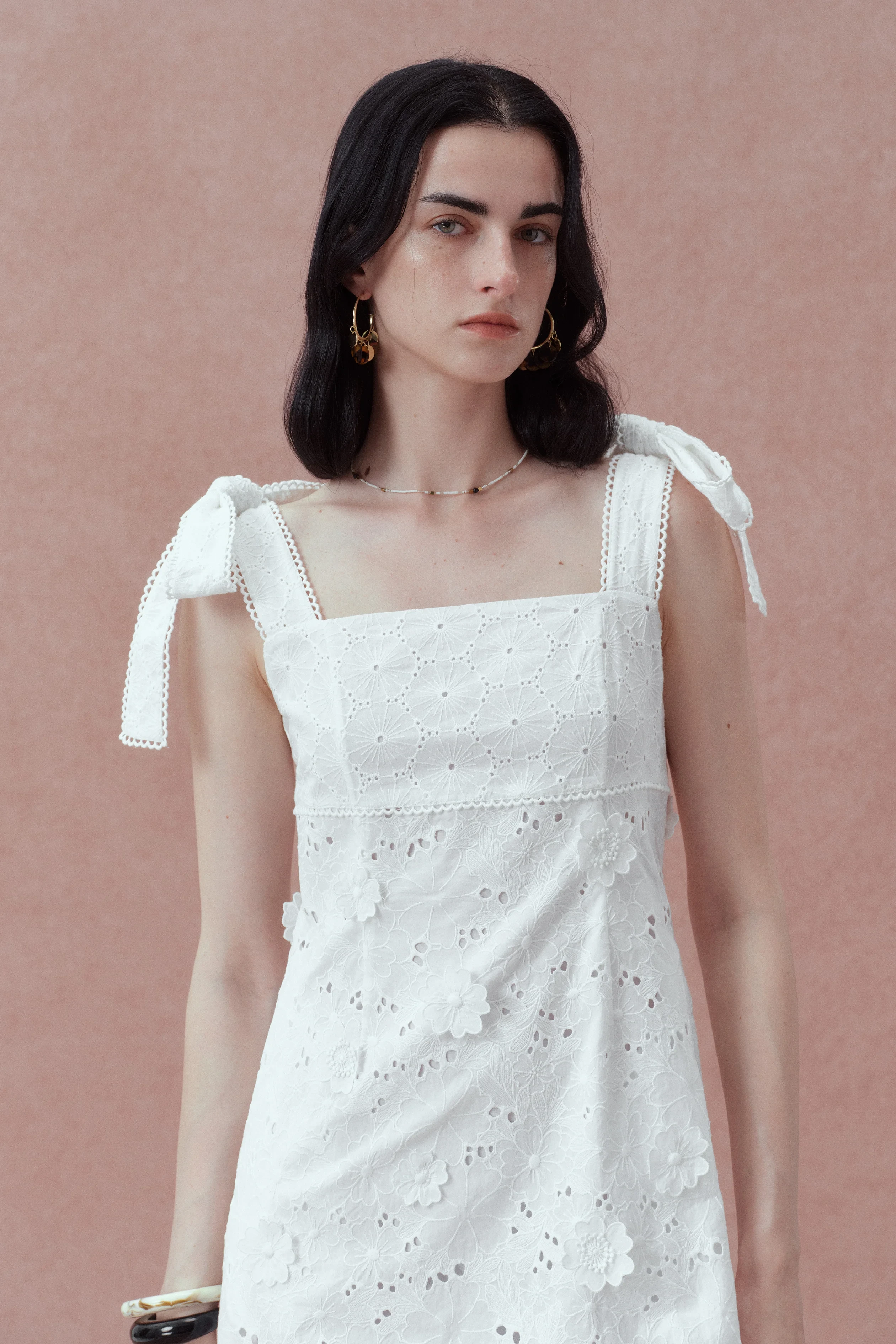Elise Handcrafted Flora Applique Midi Dress in Embroidered Cotton