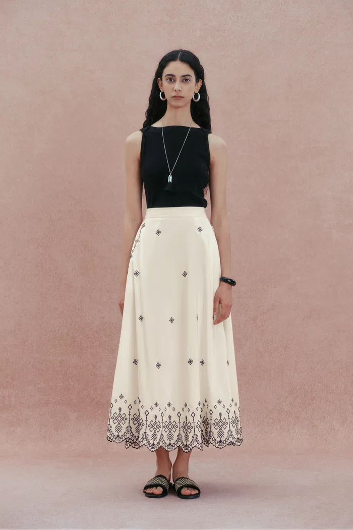 Olivia Scalloped Hem Embroidered Skirt in Premium Silk-Cotton