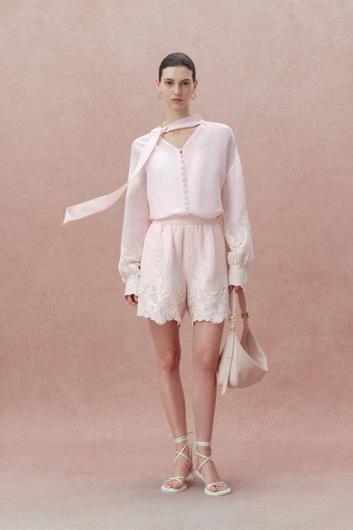 Paz Pink Embroidered Blouse and Short Matching Setin Silk-Linen Blend