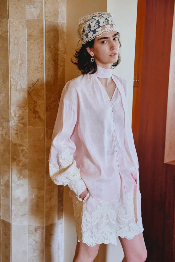 Paz Pink Embroidered Blouse and Short Matching Setin Silk-Linen Blend