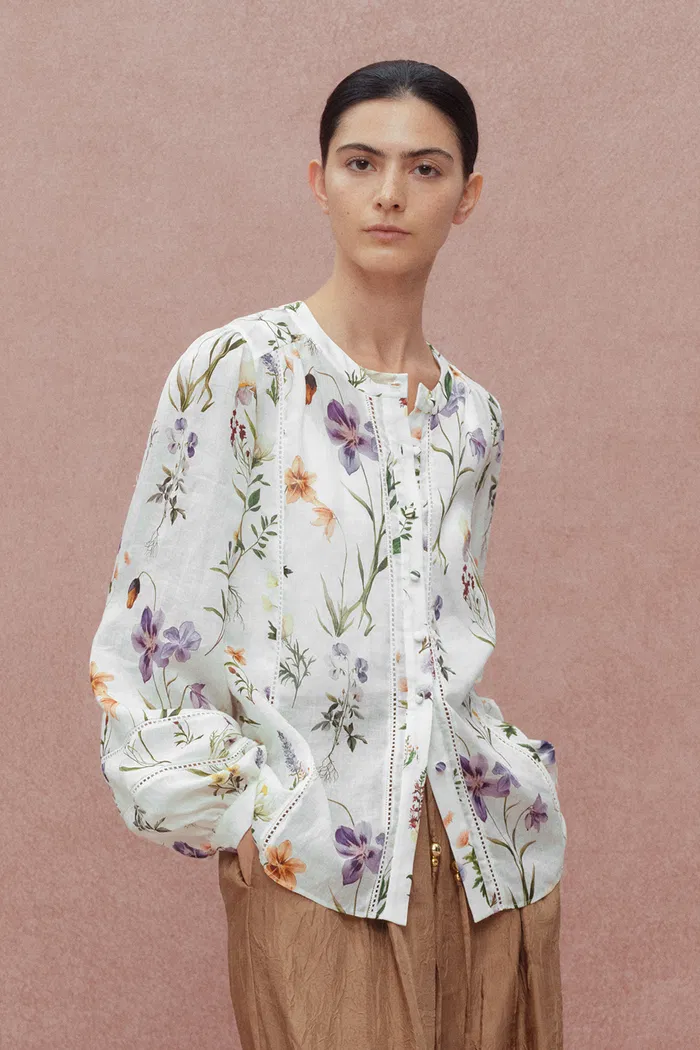 Perla Hand Painted Flora Blouse in Tencel-Ramie