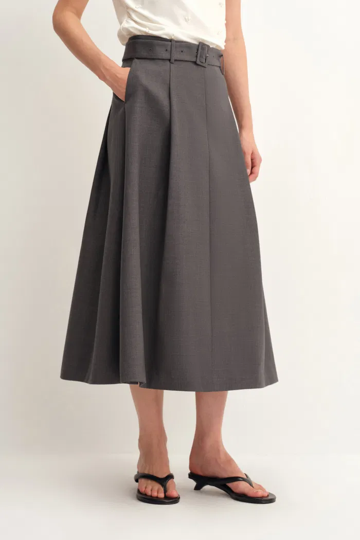 Rachel Pleated Long Skirt in Fine Wool Blend