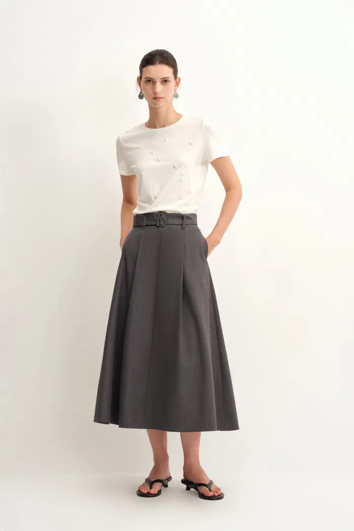 Rachel Pleated Long Skirt in Fine Wool Blend