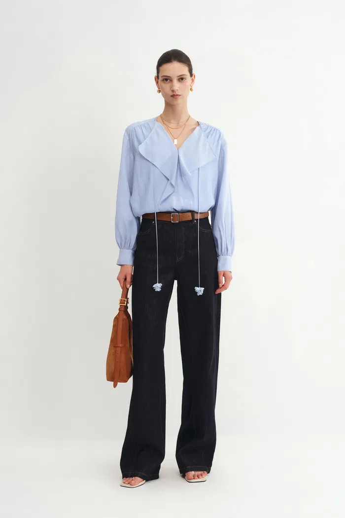 Karina Ruffle V Neck Blouse in Acetate-Modal Blend