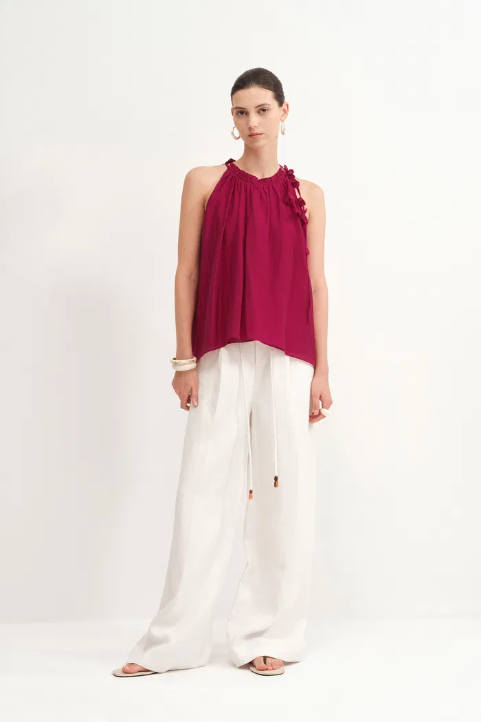 Joyce Hand Woven Flora Halter Neck Top in Acetate-Linen Blend