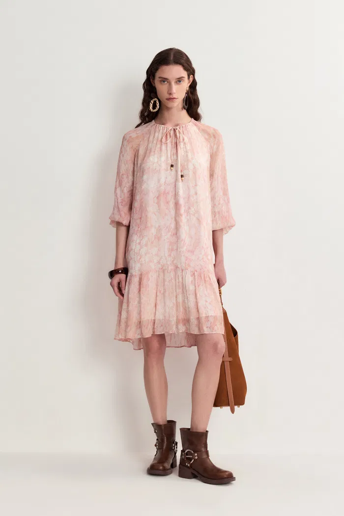 Arianna Hand Painted Flora Print Long Sleeve Dress in Crinkled Rayon