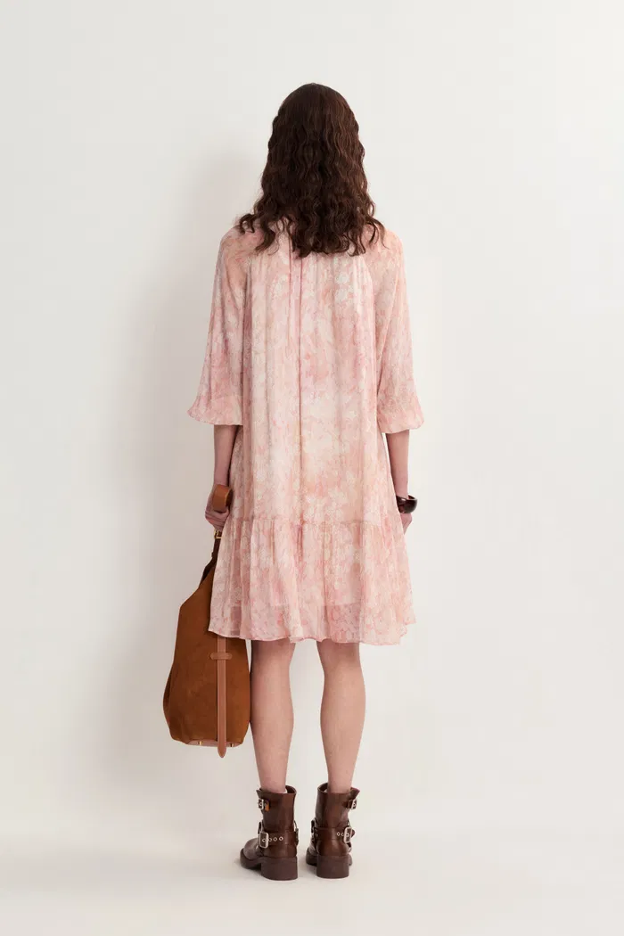 Arianna Hand Painted Flora Print Long Sleeve Dress in Crinkled Rayon