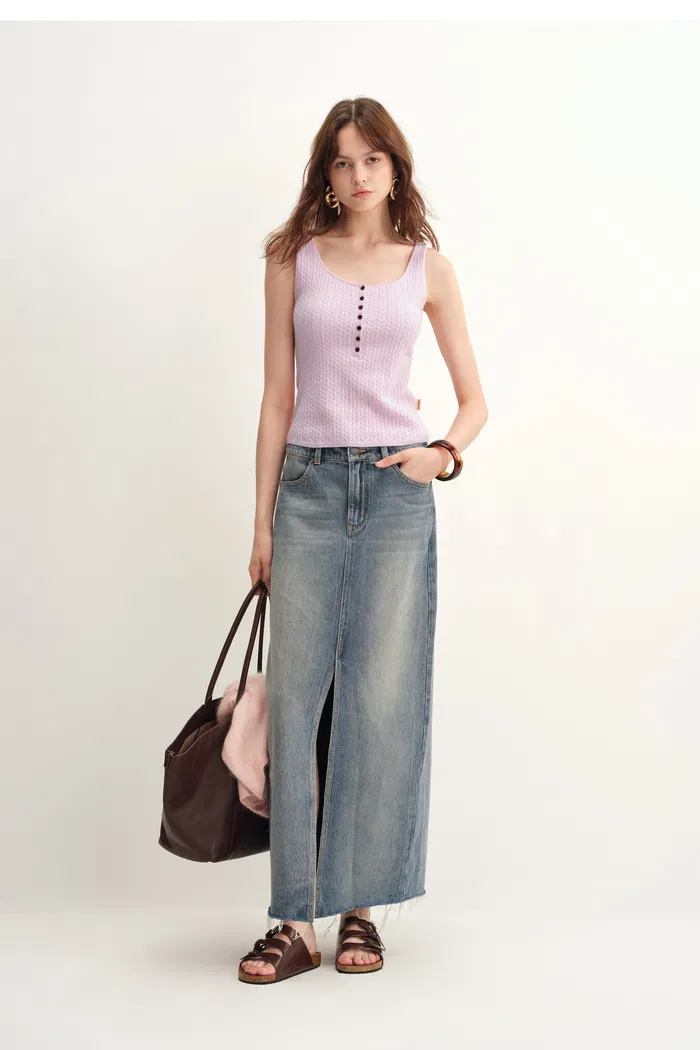 Anna Pink Henley Tank Top in Merino Wool with Stretch