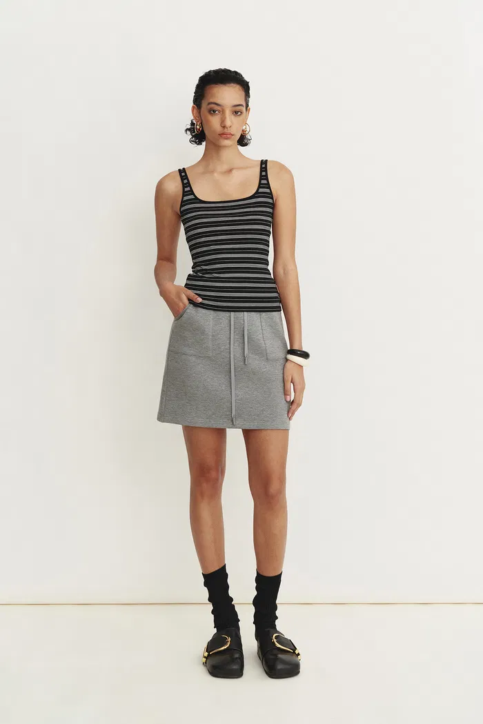 Liz Square Neck Body Con Sleeveless Tank Top in High-Stretch Ribbed Knit
