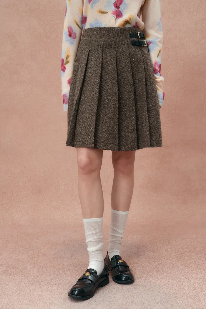 Maeve Leather Buttoned Pleated Skirt in Merino Wool