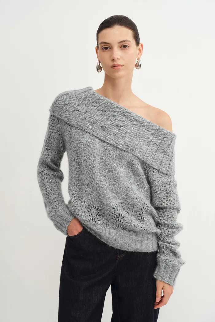 Clara Hand Crochet Sequine Adjustable Off Shoulder Sweater in Alpaca Sequin Yarn
