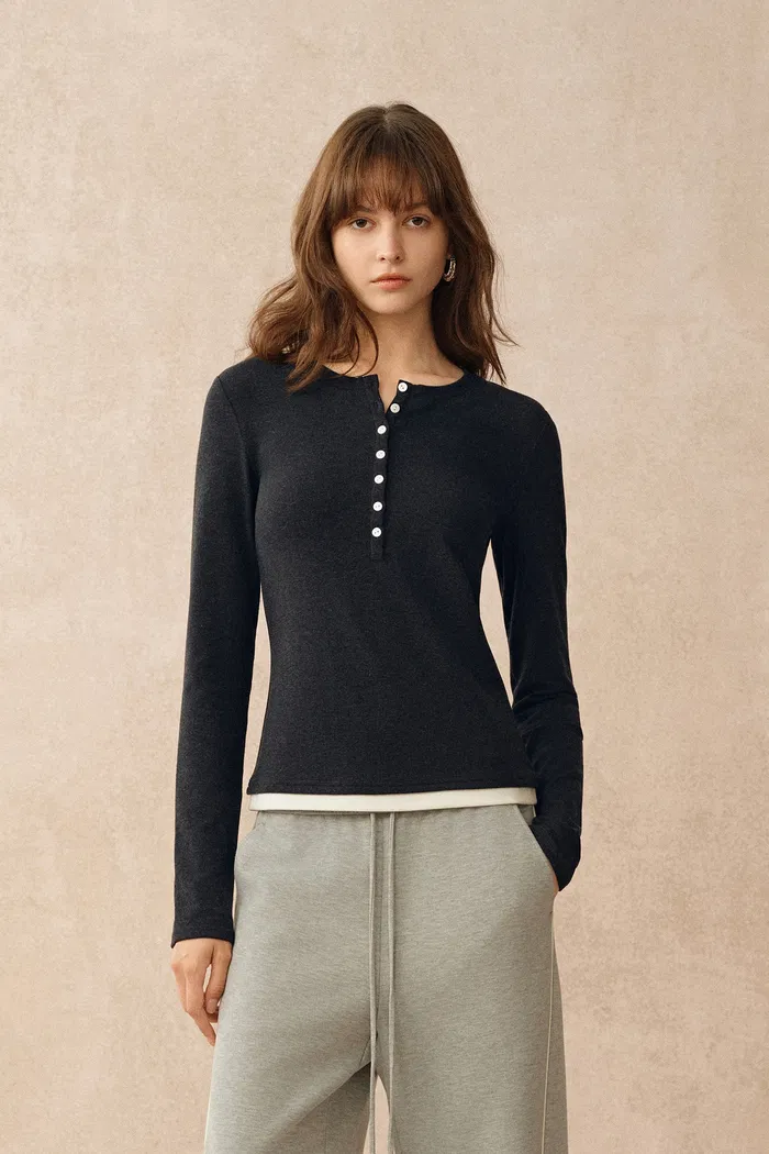 Tia Layered Look Long Sleeve T Shirt in Tencel-Merino Knit