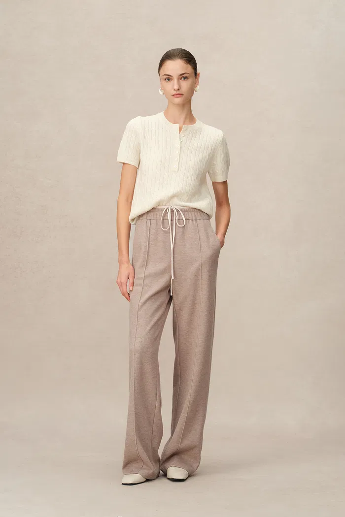 Icy Double Waistband Casual Trousers in Wool Blend Terry Knit