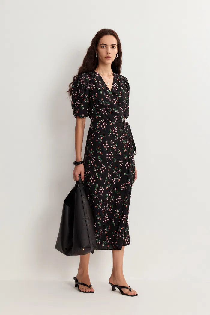 Teana V Neck Floral Dress in Mulberry Silk Crepe