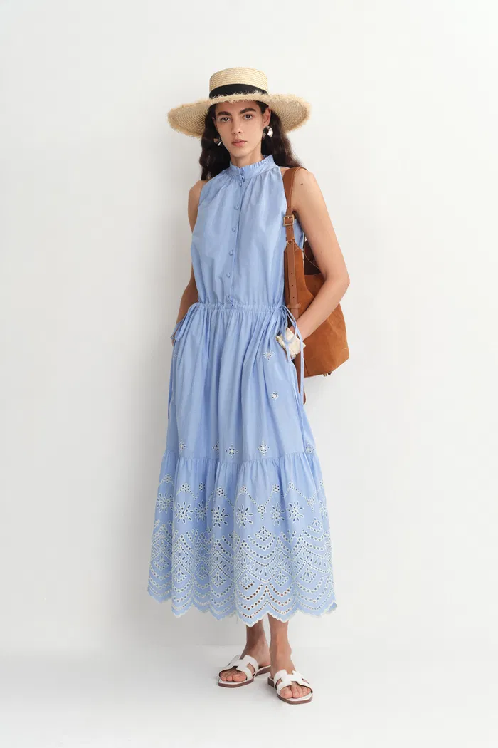 Irina Eyelet Embroidery Sleeveless Maxi Dress in Cotton