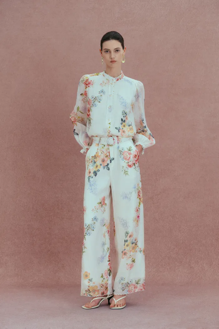 Ariel Flora Blouse and Pant Matching Set in Silk-Linen Blend