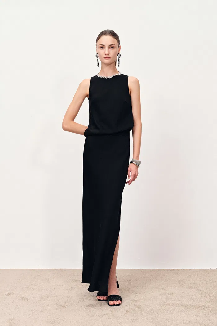 Odette Round Neck Hand Sewn Rhinestone Dress in Wrinkle-Resistant Fabric