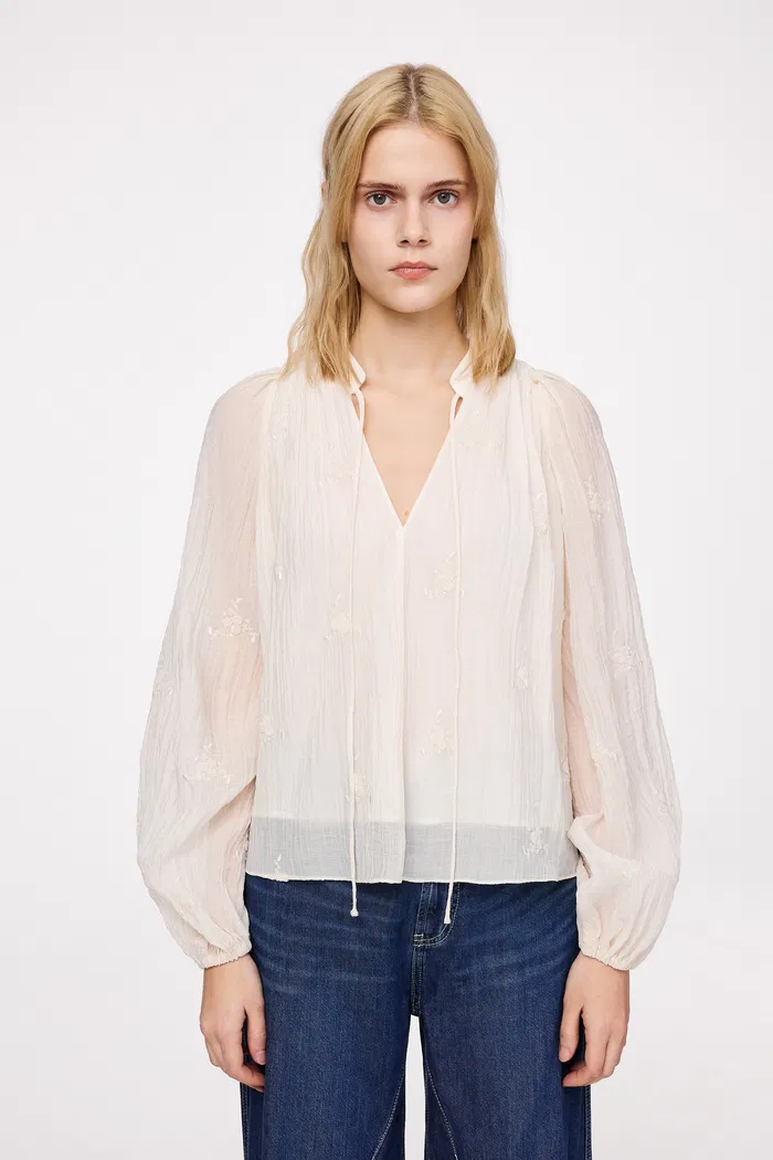 Lucienne Pleated Embroidery Blouse in Tencel Blend