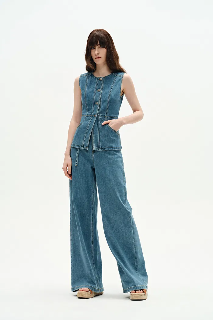 Selena Sleeveless Vest Top in Technical Lyocell Denim