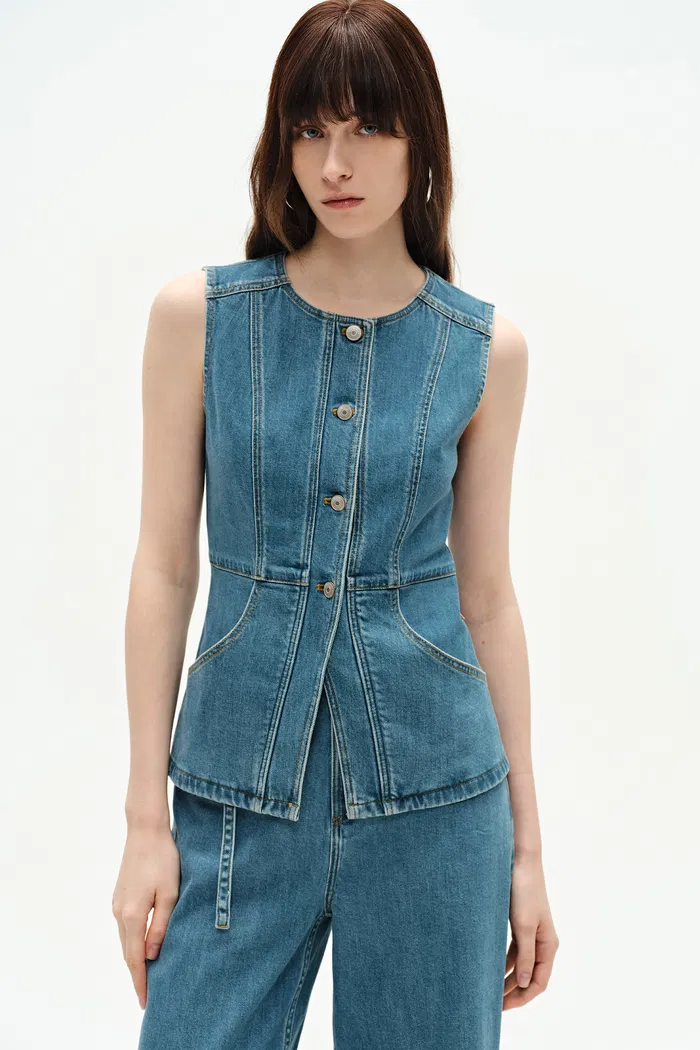 Selena Sleeveless Vest Top in Technical Lyocell Denim
