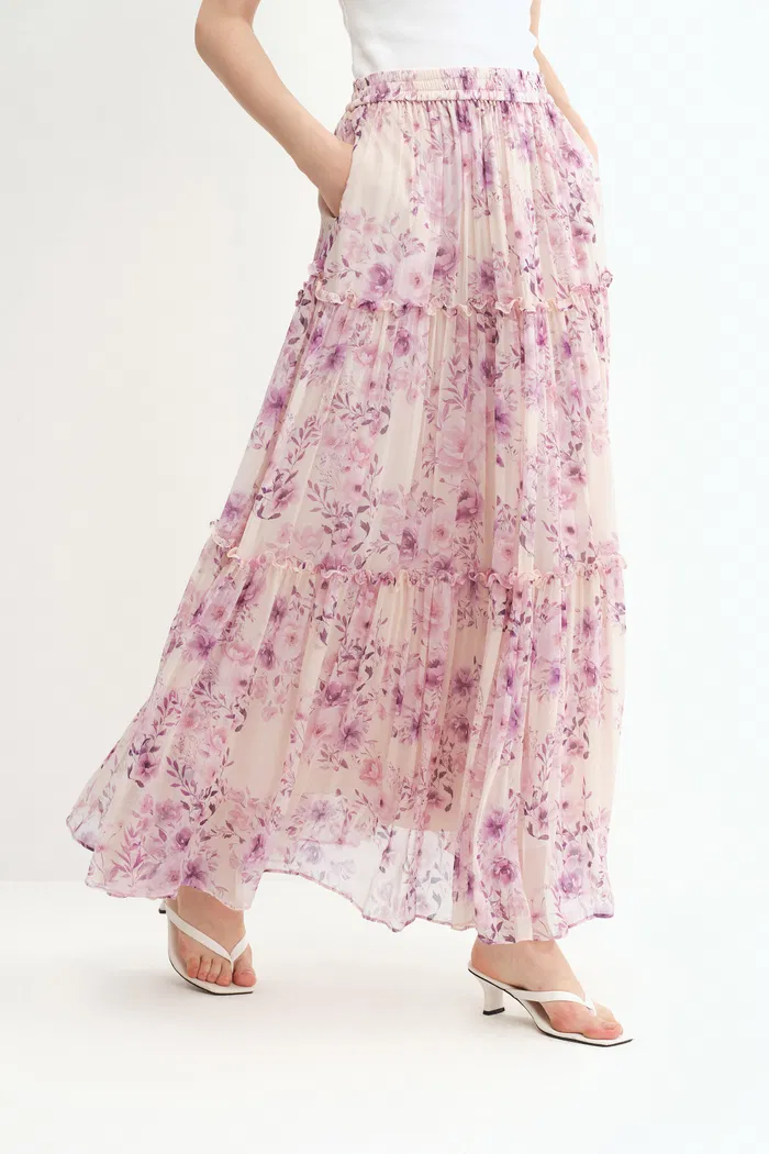 Mia Hand Painted Flora Skirt in Silk-Cotton