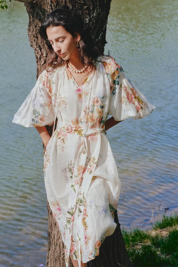 Lou Flora Long Sleeves Dress in Silk-Linen Blend