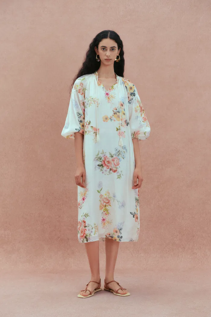 Lou Flora Long Sleeves Dress in Silk-Linen Blend
