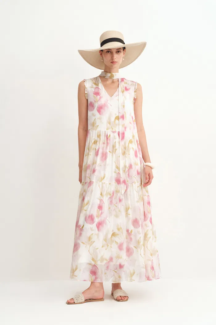 Lina Scarf Neck Flora Printed Dress in Silk-Linen Blend