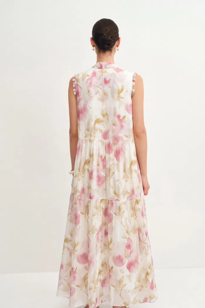 Lina Scarf Neck Flora Printed Dress in Silk-Linen Blend