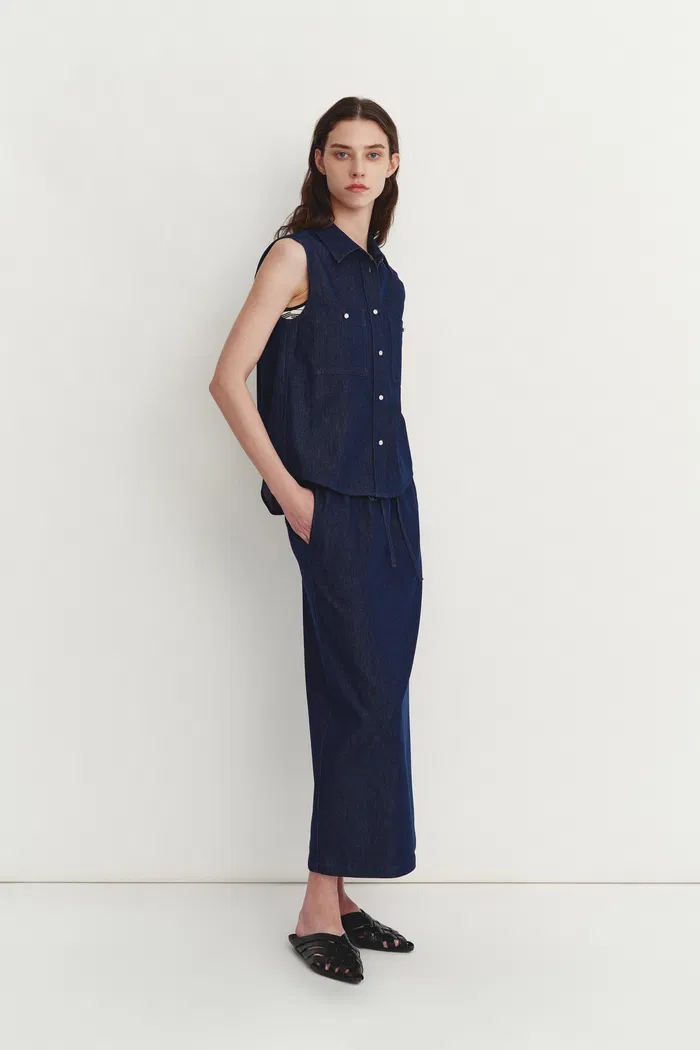 Giulia Lightweight Sleeveless Top and Midi Skirt in Linen-Cotton Denim