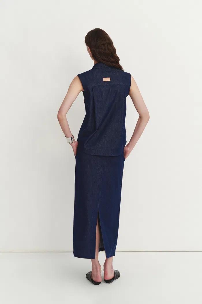 Giulia Lightweight Sleeveless Top and Midi Skirt in Linen-Cotton Denim