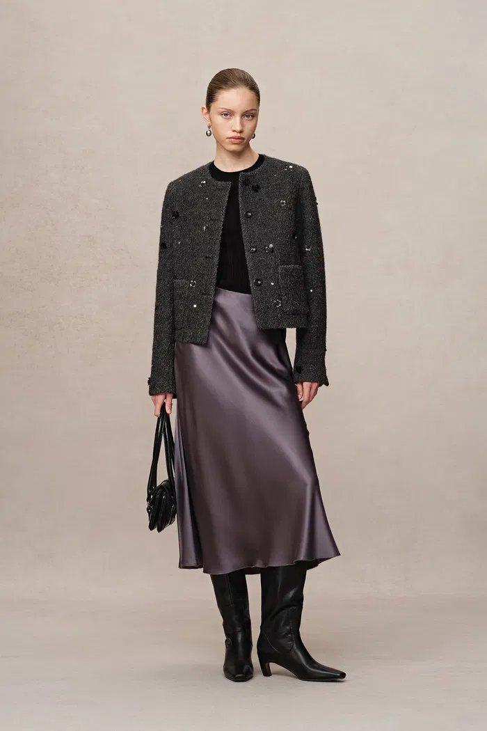 Frenchy Hand-Beaded Sequined Short Jacket in Wool BouclÃ© Twill