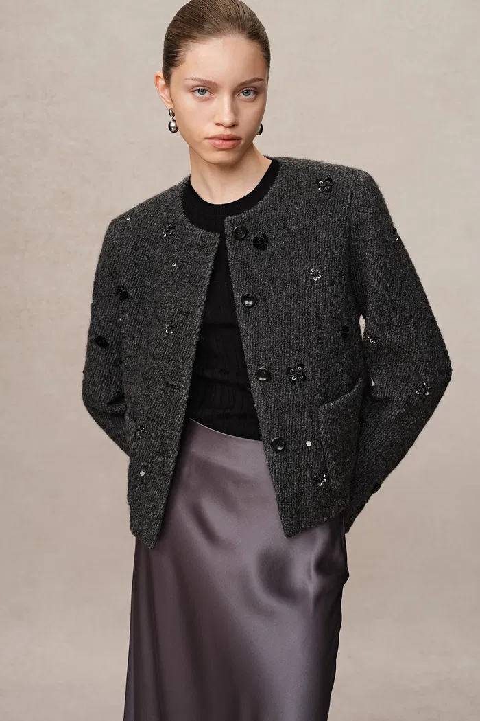 Frenchy Hand-Beaded Sequined Short Jacket in Wool BouclÃ© Twill