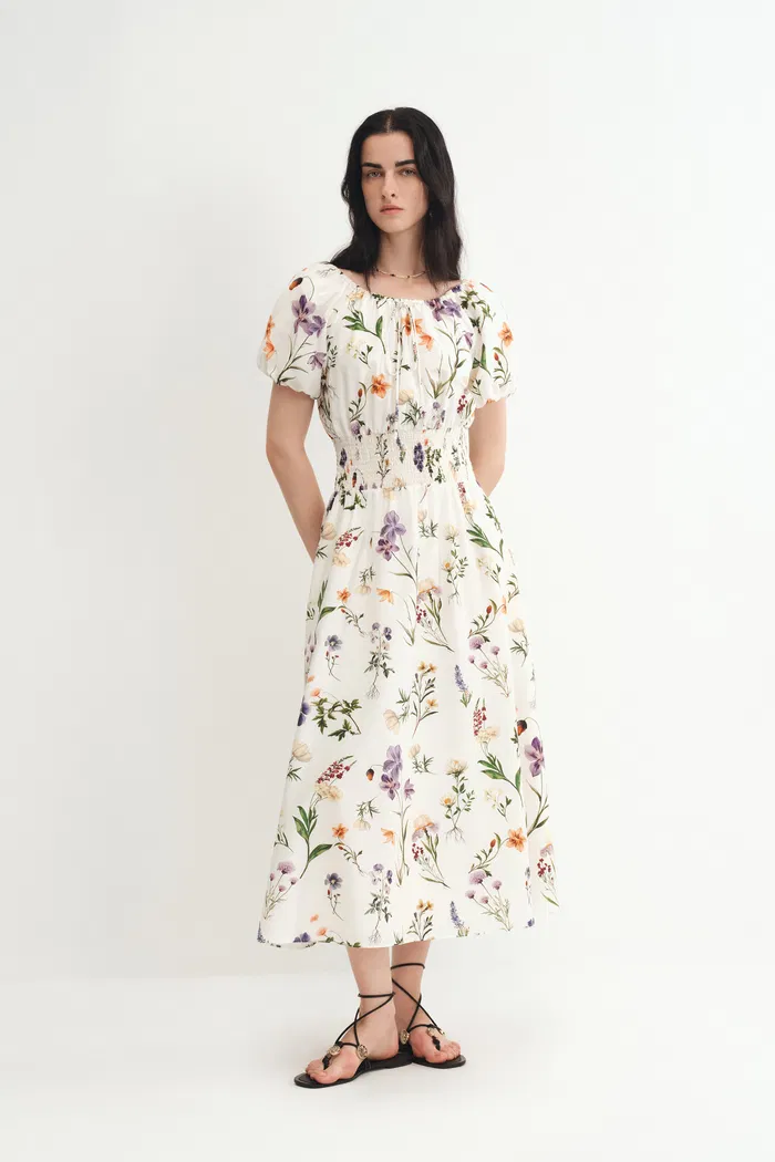Mia Hand Painted Floral Dress in Silk-Cotton