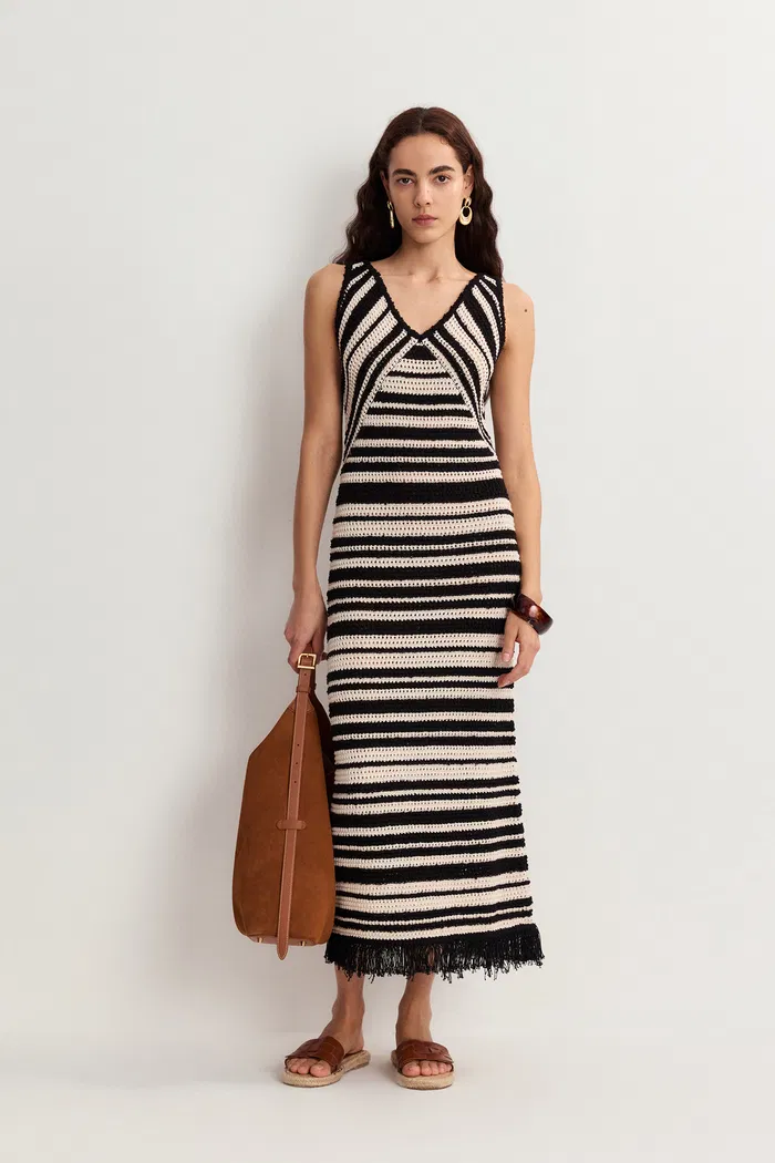 Kari Handmade Tassels Ivory White Striped Dress in Cotton Knit