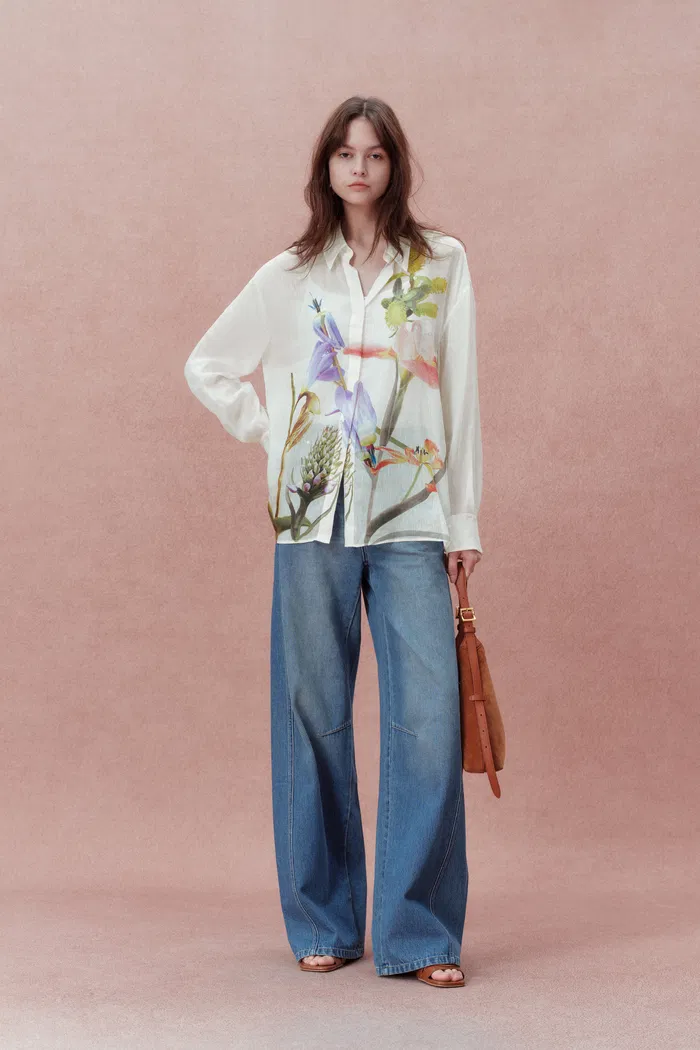 Brielle Oversized Flora Shirt in Silk-Linen Georgette